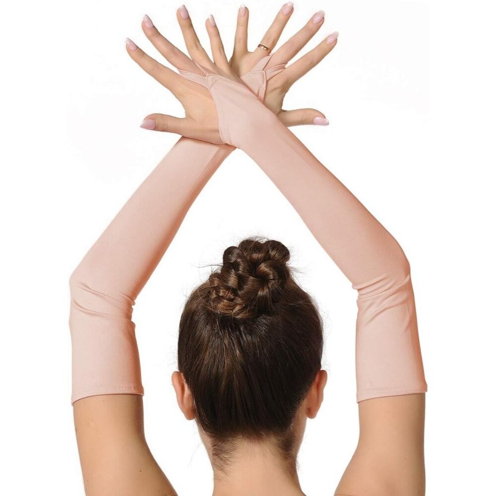Women's Nude Finger Loop Fingerless Elbow Length Long Satin Gloves Cosplay
